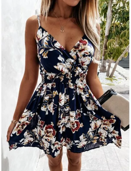 Damen Minikleid A Linie Kleid Schwarze Blume Weißer Saflor rote Blume Ärmellos Druck Sommer Sexy 2021 S M L XL 2XL 8713793 2022 – €15.34