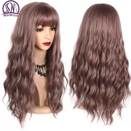 Msiperucas de cabelo sintético para mulheres, perucas de mistura longa roxa com franja resistente ao calor cacheado rosa preto marrom, peças de cabelo africano americana|Peruca sintética| - AliExpress