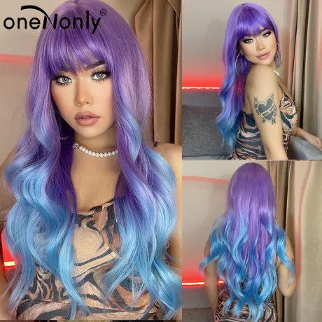 Onenonly roxo azul peruca com franja longo ondulado cosplay lolita perucas femininas festa de halloween cabelo de alta temperatura| | - AliExpress