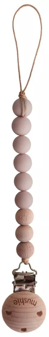 Handgefertigte Schnullerkette mit Holzclip Cleo Blush von Mushie, Maße 18,5 x 1,5 cm