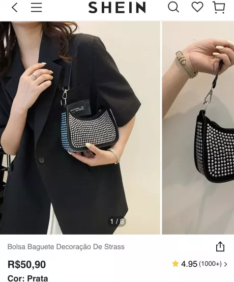 Bolsa Baguete Decoração de Strass - Prata