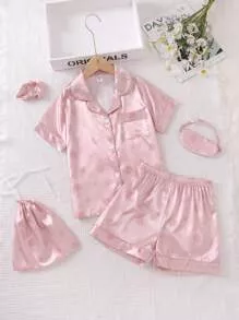 garotas impressão geográfica tubulação de contraste cetim Conjunto de pijama & Máscara de olho & Scrunchie & Sacola | SHEIN Brasil