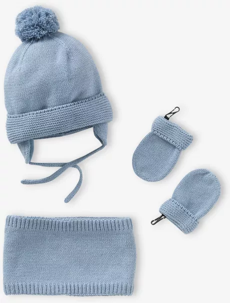Vertbaudet Jungen Baby-Set: Mütze, Rundschal & Fäustlinge BASICS in graublau
