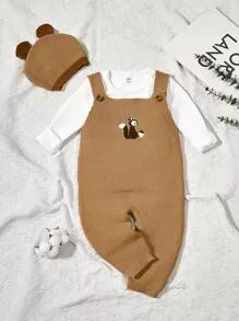 Bebezinha Bordado Padrão de Cartoon Malha Macacão & Chapéu Sem Camiseta | SHEIN Brasil