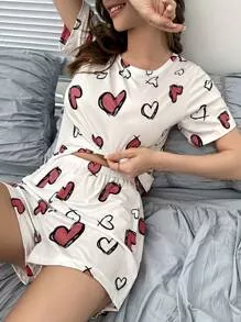 Impressão De Coração Conjunto Pijama de Camiseta & Shorts | SHEIN Brasil