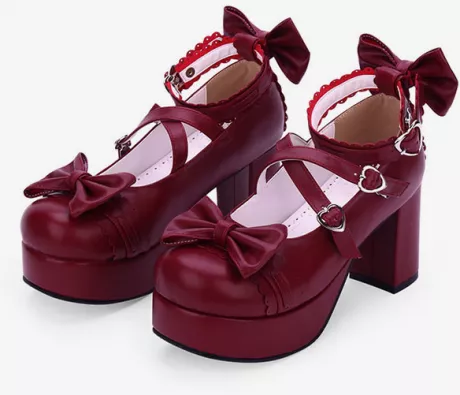 Doce Lolita Sapatos Arco Strappy Plataforma Chunky Heel PU Borgonha Lolita Calçado - Lolitashow.com