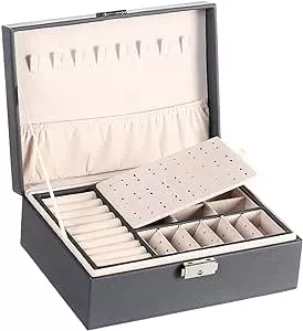 KKcare Caixa de joias multifuncional caixão de couro pu dupla camada estojo de armazenamento de organizador de joias de grande capacidade para colar de brincos de anéis | Amazon.com.br