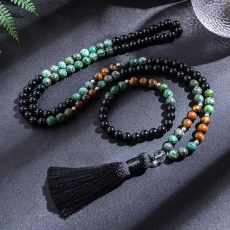 Japamala Colar e Pulseira Set, 8mm, Turquesa Africano, Ágata Negra, Amarelo Olho de Tigre Contas, 108 Mala Rosário, Jóias Meditação, Yoga