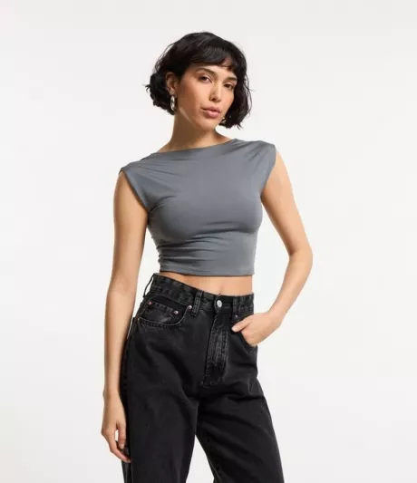 Blusa sem Manga em Jersey com Costas Abertas Cinza