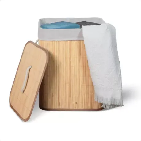 Kontuz cesto de roupa suja de bambu com tampa e alças 50L cor natural | Frete grátis