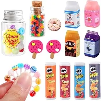 Wichtel Zubehör, Wichtelzubehör Weihnachten Miniatur Essen und Trinken, Miniatur Lebensmittel Miniatur Milch Lutscher Bonbondosen Kartoffelchips Donuts, Weihnachtswichtel Zubehör Wichteltür Set: Amazon.de: Spielzeug