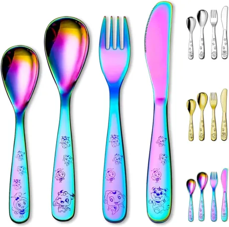 Berglander Regenbogen Kinderbesteck 4-teiliges Bunte Titanbeschichtung Kindergeschirr Set, Kindersichergabel und Löffel Flachgeschirr, Hochglanzpolierte glatte runde Kante, Spülmaschinensicherheit : Amazon.de: Küche, Haushalt & Wohnen