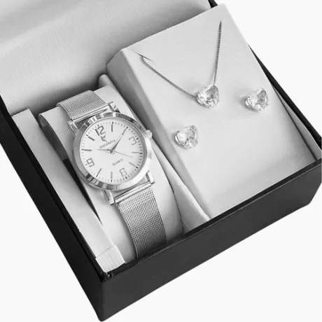Kit Relógio Feminino Prata Prova D'água + Colar E Brincos | MercadoLivre