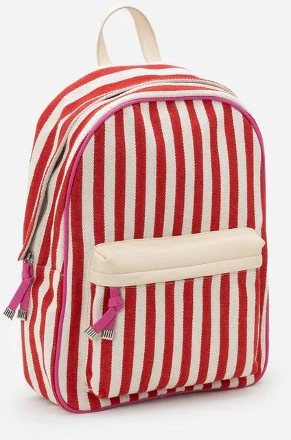 Mochila Grande Têxtil com Estampa de Listras e Bolso Frontal Vermelho/Branco