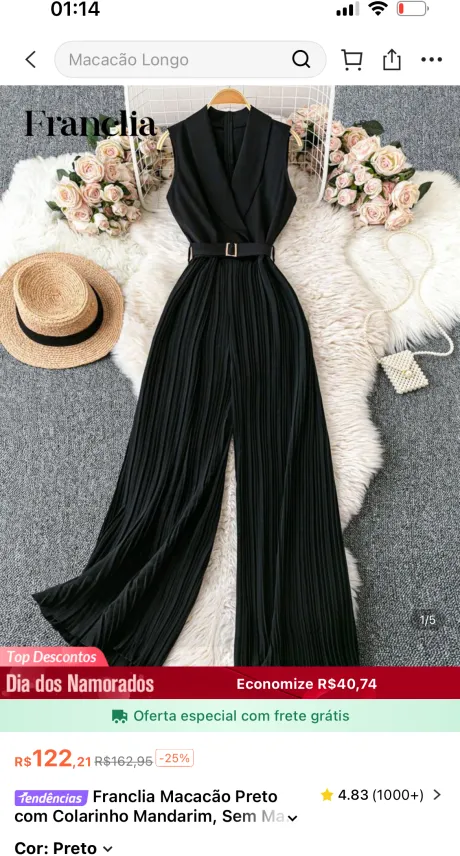 Franclia Macacão Preto com Colarinho Mandarim, Sem Mangas, Cintura Marcada e Detalhe Pregueado Descobri produtos incríveis no SHEIN.com, venha conferir! http://api-shein.shein.com/h5/sharejump/appjump?link=lz5yrOE3hFw_8&localcountry=BR