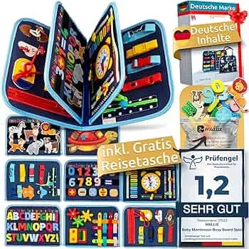 Mallie® Busy Board Deutsch inkl. Gratis Reisetasche & Montessori Buch und Perfekt für Reisen im Auto, Zug oder Flugzeug I100% BPA-Frei als Quiet Book & Busy Book I Activity Board Busy Book: Amazon.de: Spielzeug