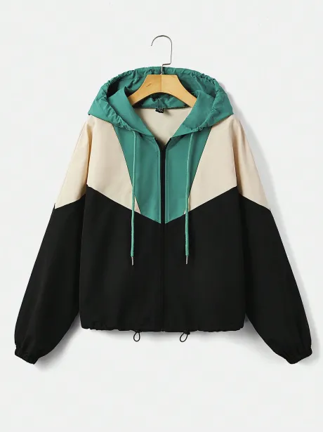 SHEIN EZwear Bloco De Cores Zip Up Cordão Encapuzado Jaqueta. R$124,03