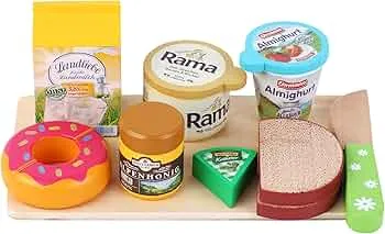 tanner DER KLEINE KAUFMANN TANNER Deco - Frühstücks-Set aus Holz, mit verschiedenen Produkten, Zubehör für Kaufmannsladen, lebensmittelechtes Design, 0902.6: Amazon.de: Spielzeug