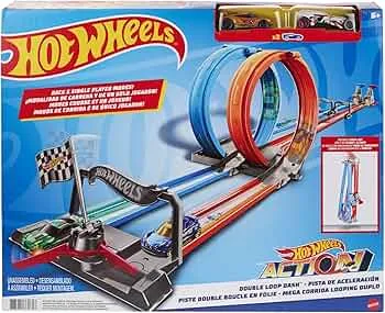 HOT WHEELS GFH85 Two-Track Looping Race Track, Straight Track Parts, Large Loopings and 2 Toy Vehicles in 1:64 Scale for Children from 5 to 10 Years: Amazon.de: Toys