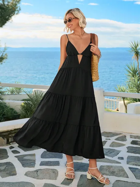 Vivid Eden Vestido Longo Preto com Estampa de Verão, Decote Vazado e Babado na Barra, Vestido Casual para Praia - Tamanho pp