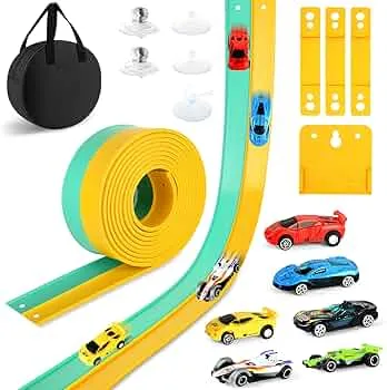 Flexible Rennbahn Kinder, 5 M Rennstrecke Auto Autobahn mit 6 Autos Saugnäpfen Dual Rennbahn Rampe Aufbewahrungstasche, DIY AutoRennbahn Rennstrecke Geschenk für Jungen und Mädchen: Amazon.de: Spielzeug