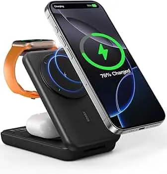 RORRY Powerbank für Magsafe, 10000mAh Magnetische Power Bank Kompatibel mit iPhone 16 15 14 13 12 Pro Max, Faltbare 3 in 1 Kabellose Ladestation für Apple Watch 10/9/8/7/6/5/4/3 AirPods Pro, Schwarz