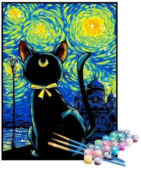 Kit de Pintura Numerada - Gato Preto na Noite Estrelada