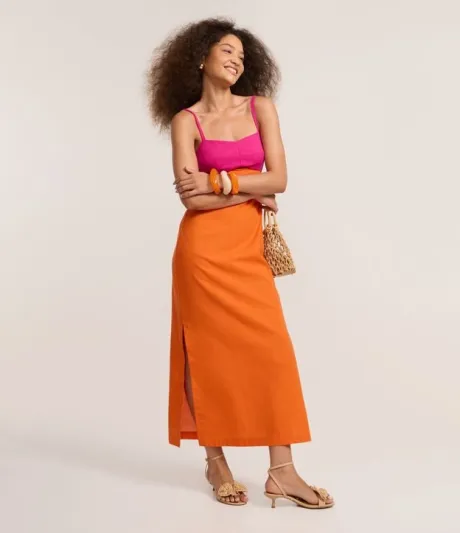 Vestido Long Midi em Viscolinho com Alças Finas Bicolor Laranja