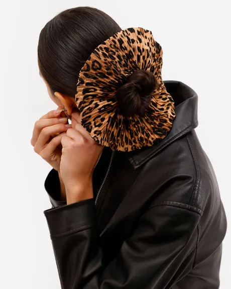 elástico de cabelo feminino scrunchie plissado animal print marrom