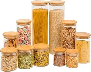 Kit 11 potes de vidro com tampa de bambu herméticos