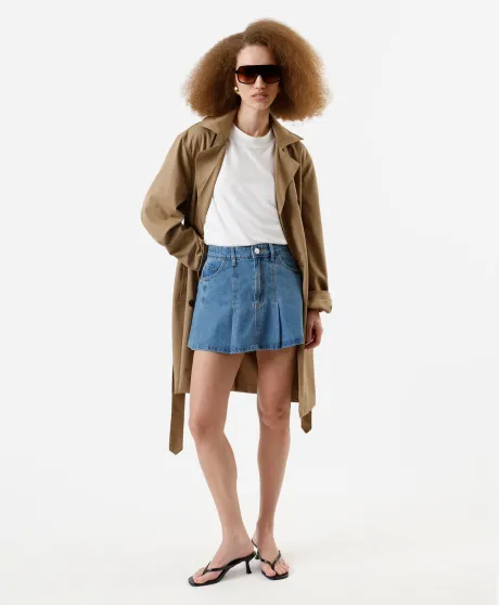 minissaia feminina jeans cintura alta pregas azul