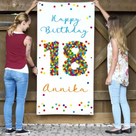 Buntes Happy Birthday Geburtstagsbanner mit Konfetti 18, Name und Wunschtext