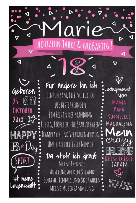 Meilensteintafel Chalkboard 18. Geburtstag Geschenk Frau personalisiert Pink - Kreidehelden.de